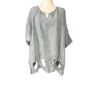 Cheyenne Blouse Womens Gray Linen Tunic Short Sleeve Circle Cutout Hem Boho